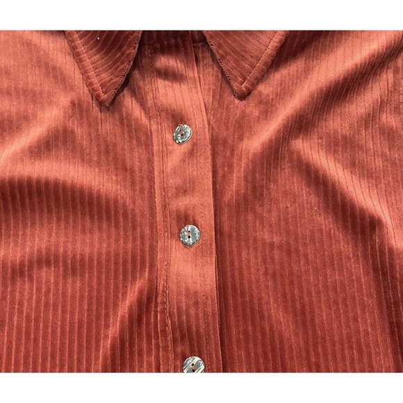 Vtg Hanes Signature Collection Ribbed Velvet Midi Dress L Button Front 80's Rust - Picture 6 of 9